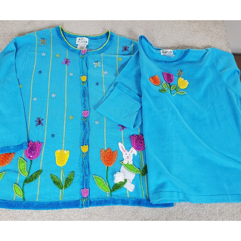 Quacker Factory Sweater Set Women's 2X Blue Easter Bunny Cardigan Shell PLSEREAD